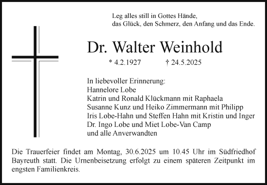 Anzeige von Walter Weinhold von Nordbayerischer Kurier