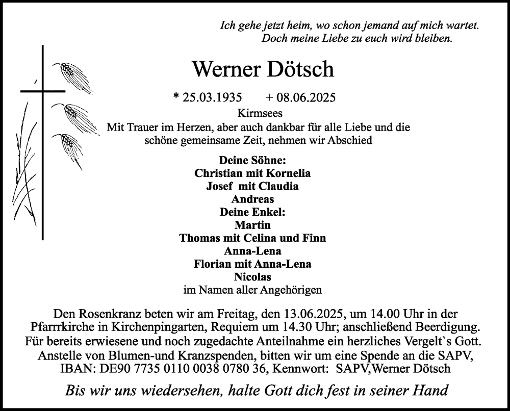  Traueranzeige für Werner Dötsch vom 11.06.2025 aus Nordbayerischer Kurier