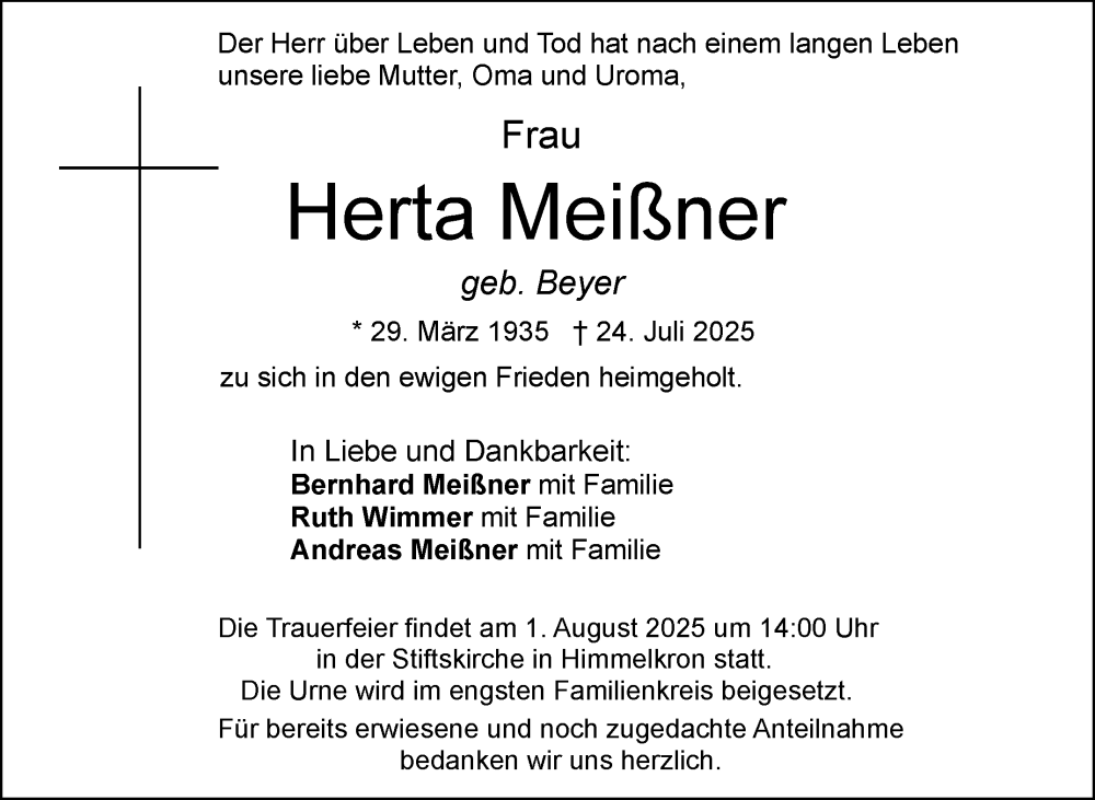  Traueranzeige für Herta Meißner vom 29.07.2025 aus Nordbayerischer Kurier