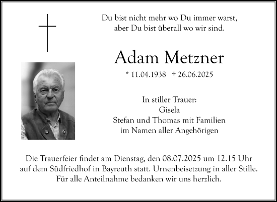 Anzeige von Adam Metzner von Nordbayerischer Kurier