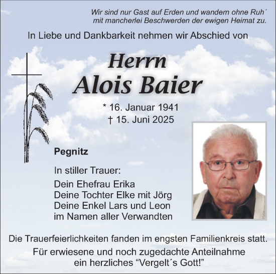 Anzeige von Alois Baier von Nordbayerischer Kurier
