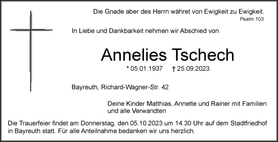 Anzeige von Annelies Tschech von Nordbayerischer Kurier