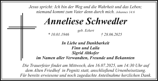 Anzeige von Anneliese Schwedler von Nordbayerischer Kurier