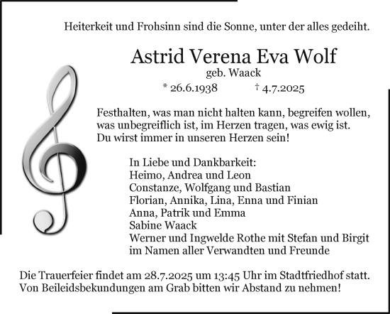 Anzeige von Astrid Verena Eva Wolf von Nordbayerischer Kurier
