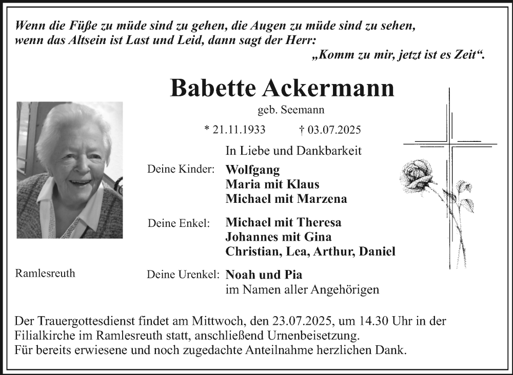  Traueranzeige für Babette Ackermann vom 19.07.2025 aus Nordbayerischer Kurier