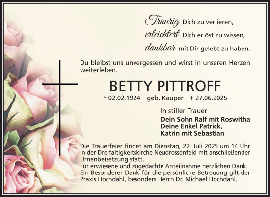 Anzeige von Betty Pittroff von Nordbayerischer Kurier