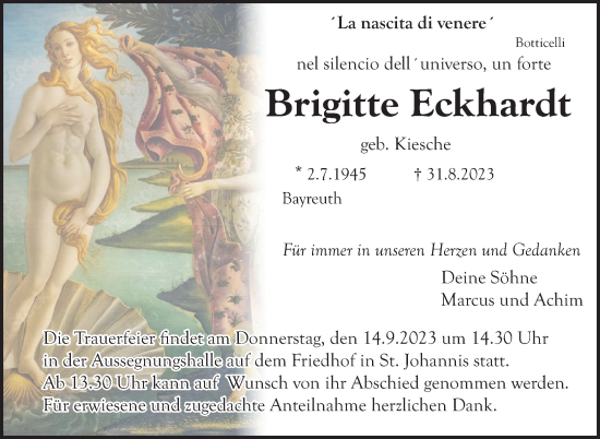 Anzeige von Brigitte Eckhardt von Nordbayerischer Kurier