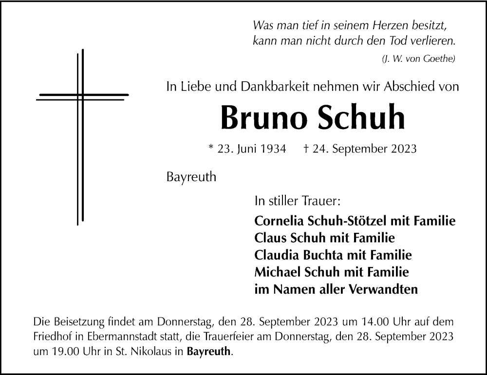  Traueranzeige für Bruno Schuh vom 27.09.2023 aus Nordbayerischer Kurier