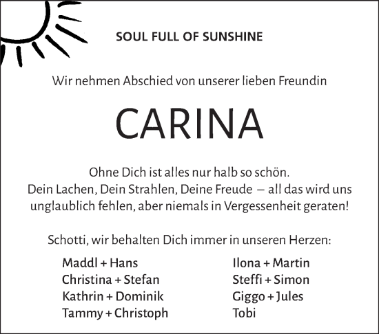 Anzeige von Carina Schott von Nordbayerischer Kurier
