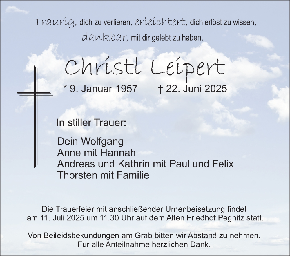  Traueranzeige für Christl Leipert vom 05.07.2025 aus Nordbayerischer Kurier