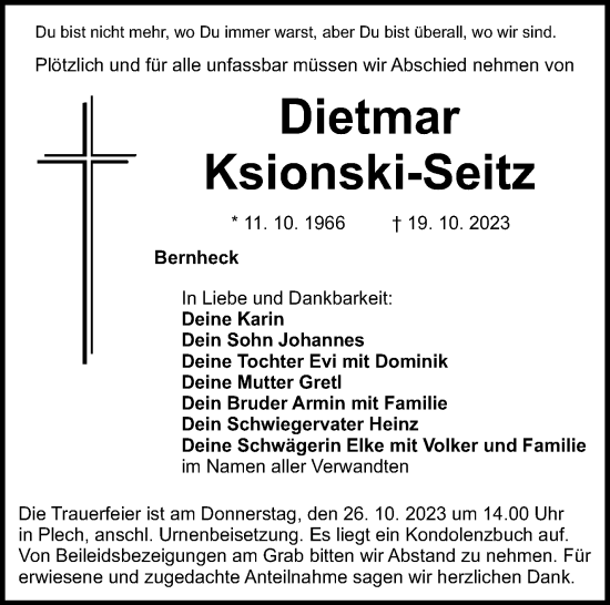 Anzeige von Dietmar Ksionski-Seitz von Nordbayerischer Kurier