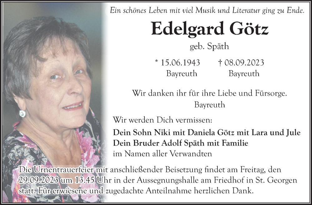  Traueranzeige für Edelgard Götz vom 23.09.2023 aus Nordbayerischer Kurier
