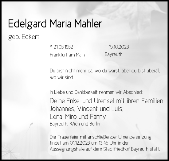 Anzeige von Edelgard Mahler von Nordbayerischer Kurier