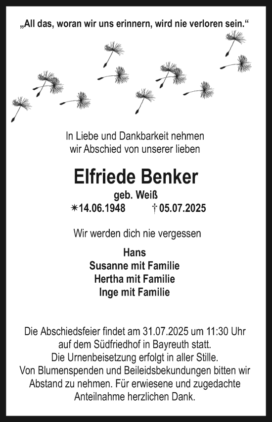 Anzeige von Elfriede Benker von Nordbayerischer Kurier