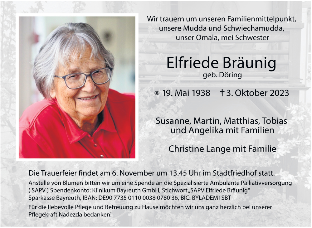  Traueranzeige für Elfriede Bräunig vom 28.10.2023 aus Nordbayerischer Kurier