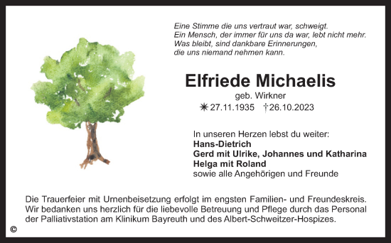 Anzeige von Elfriede Michaelis von Nordbayerischer Kurier