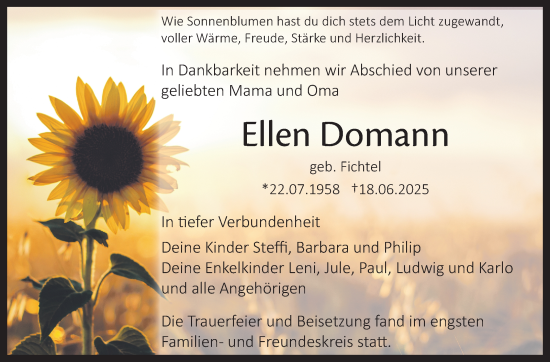 Anzeige von Ellen Domann von Nordbayerischer Kurier