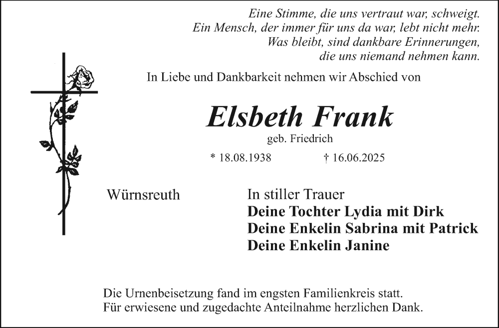  Traueranzeige für Elsbeth Frank vom 12.07.2025 aus Nordbayerischer Kurier