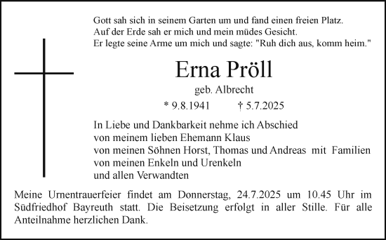 Anzeige von Erna Pröll von Nordbayerischer Kurier