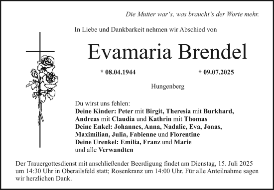 Anzeige von Evamaria Brendel von Nordbayerischer Kurier