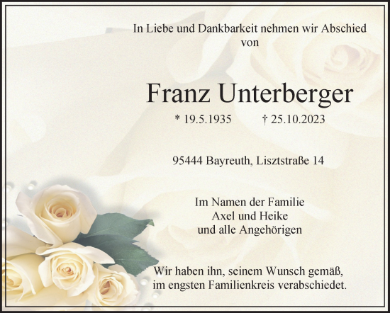 Anzeige von Franz Unterberger von Nordbayerischer Kurier