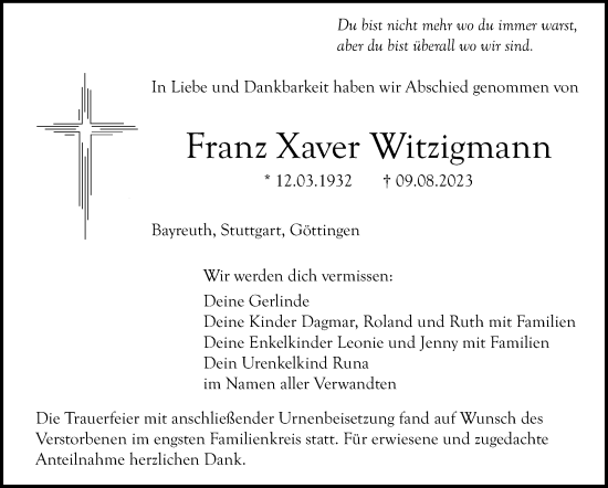 Anzeige von Franz Xaver Witzigmann von Nordbayerischer Kurier