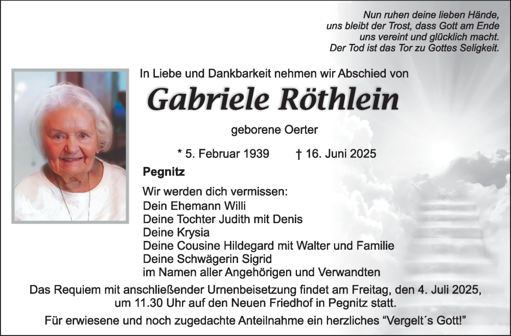  Traueranzeige für Gabriele Röthlein vom 02.07.2025 aus Nordbayerischer Kurier
