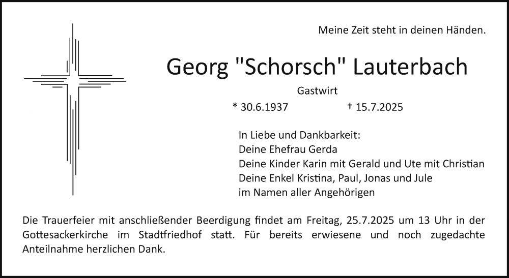  Traueranzeige für Georg Lauterbach vom 19.07.2025 aus Nordbayerischer Kurier