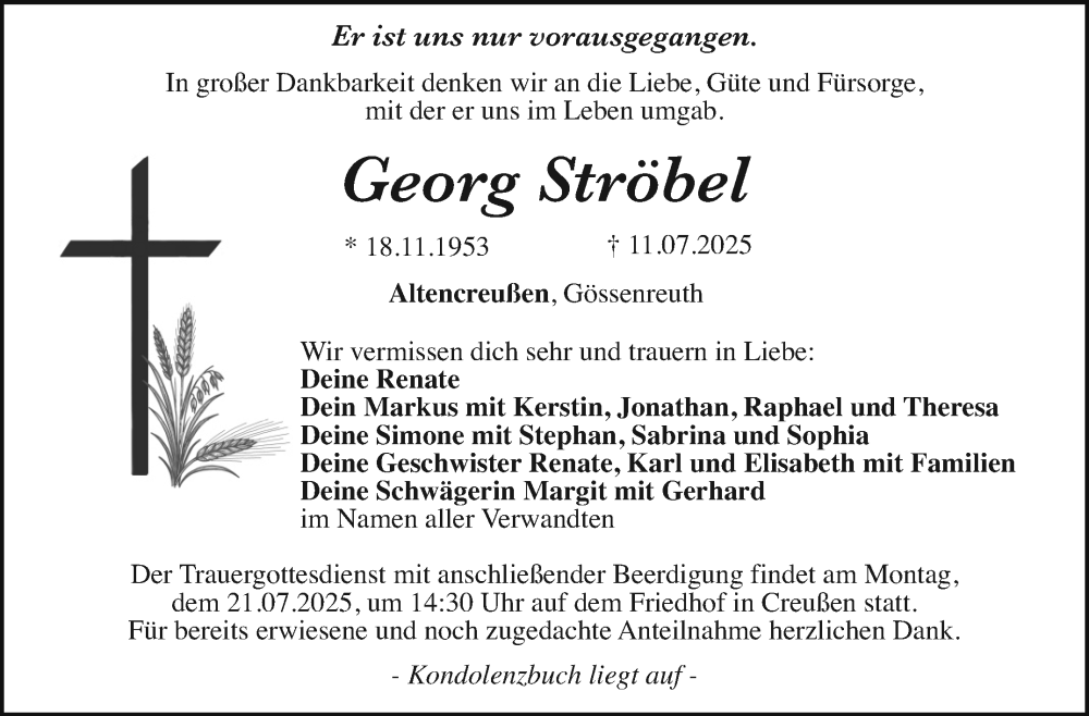 Traueranzeige für Georg Ströbel vom 17.07.2025 aus Nordbayerischer Kurier