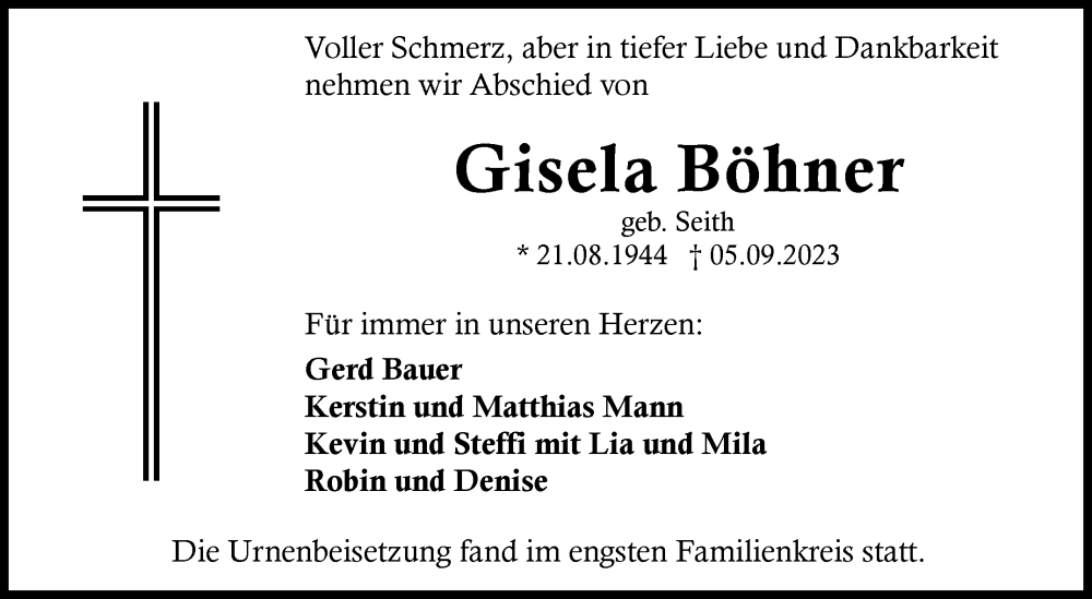  Traueranzeige für Gisela Böhner vom 07.10.2023 aus Nordbayerischer Kurier