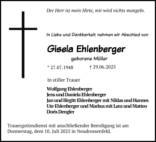 Anzeige von Gisela Ehlenberger von Nordbayerischer Kurier