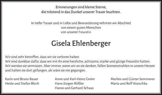 Anzeige von Gisela Ehlenberger von Nordbayerischer Kurier