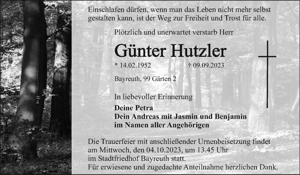  Traueranzeige für Günter Hutzler vom 02.10.2023 aus Nordbayerischer Kurier
