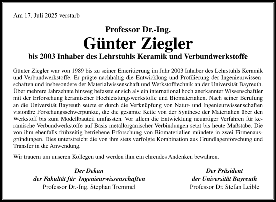 Anzeige von Günter Ziegler von Nordbayerischer Kurier