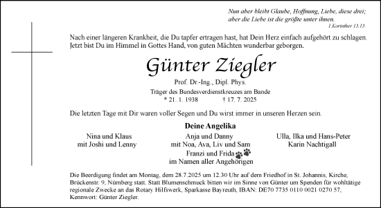Anzeige von Günter Ziegler von Nordbayerischer Kurier