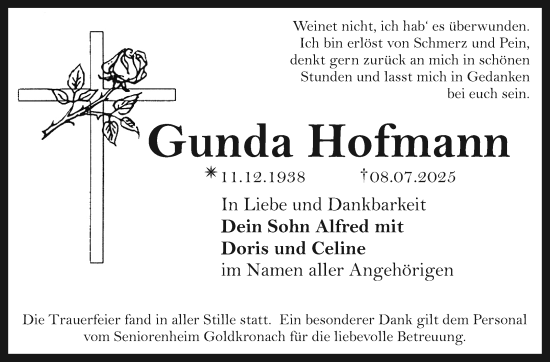 Anzeige von Gunda Hofmann von Nordbayerischer Kurier