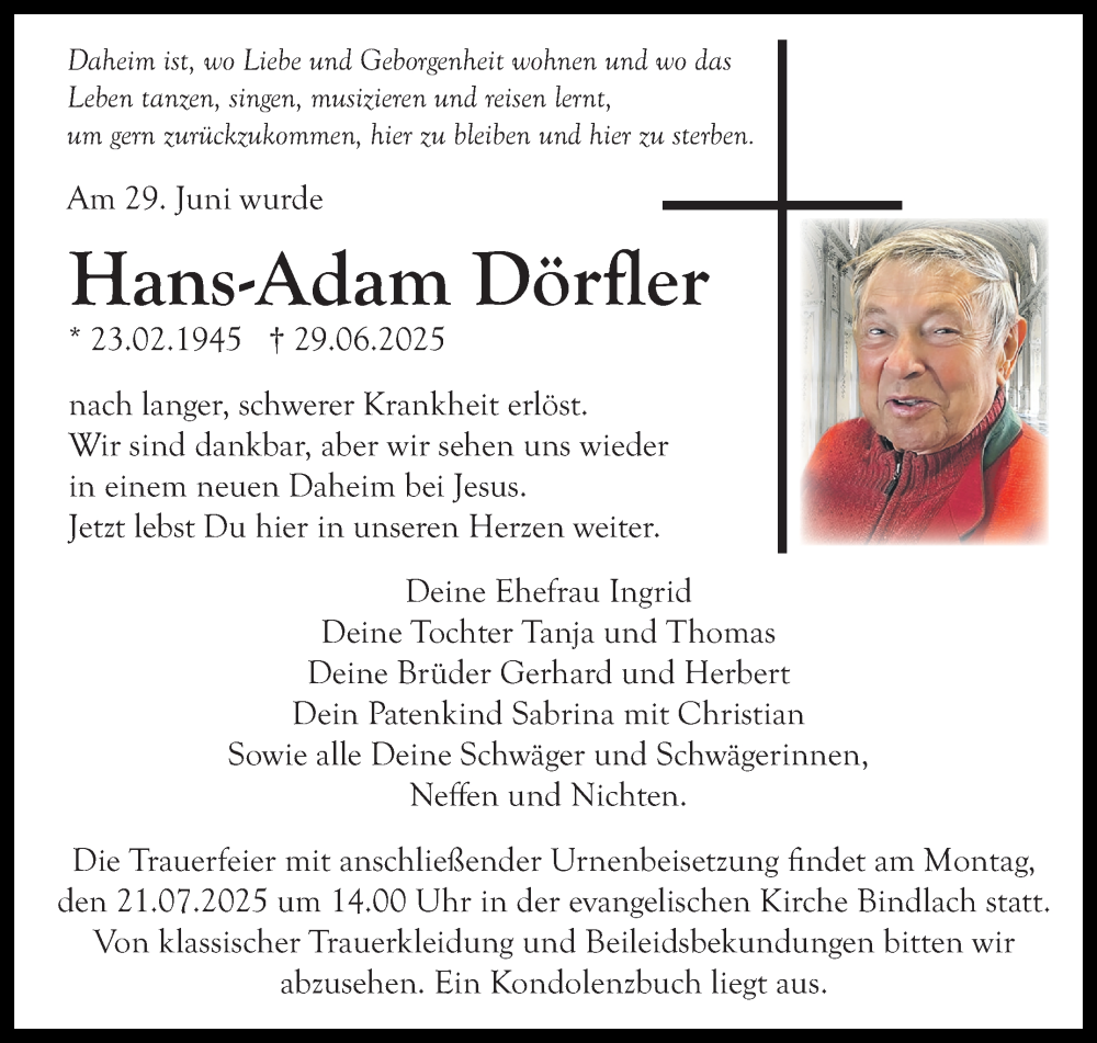  Traueranzeige für Hans-Adam Dörfler vom 19.07.2025 aus Nordbayerischer Kurier