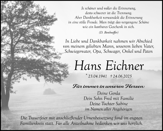 Anzeige von Hans Eichner von Nordbayerischer Kurier