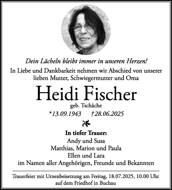 Anzeige von Heidi Fischer von Nordbayerischer Kurier