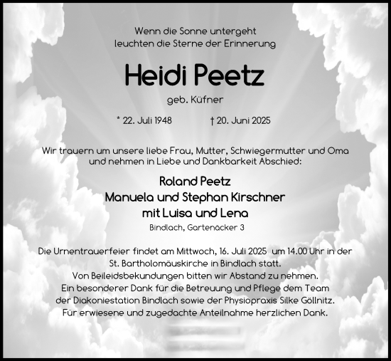 Anzeige von Heidi Peetz von Nordbayerischer Kurier