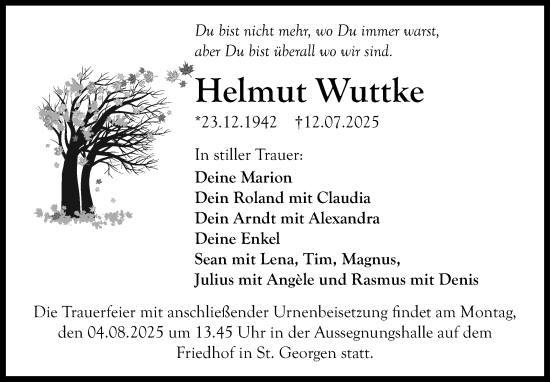 Anzeige von Helmut Wuttke von Nordbayerischer Kurier