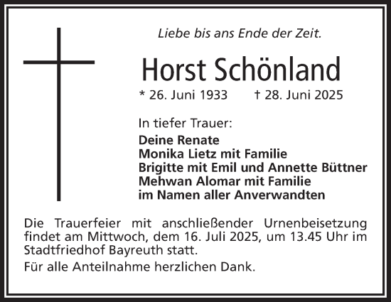 Anzeige von Horst Schönland von Nordbayerischer Kurier