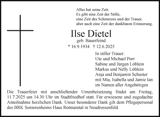 Anzeige von Ilse Dietel von Nordbayerischer Kurier