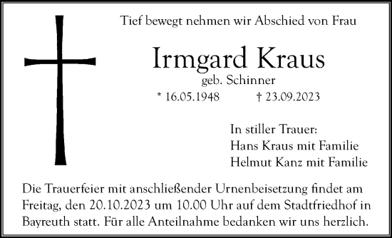 Anzeige von Irmgard Kraus von Nordbayerischer Kurier