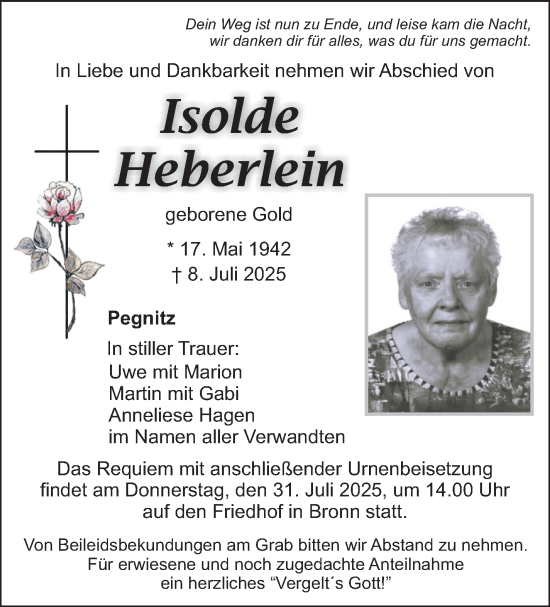 Anzeige von Isolde Heberlein von Nordbayerischer Kurier