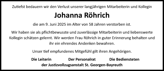 Anzeige von Johanna Röhrich von Nordbayerischer Kurier