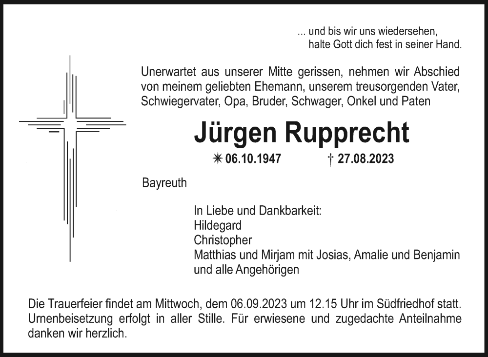  Traueranzeige für Jürgen Rupprecht vom 02.09.2023 aus Nordbayerischer Kurier