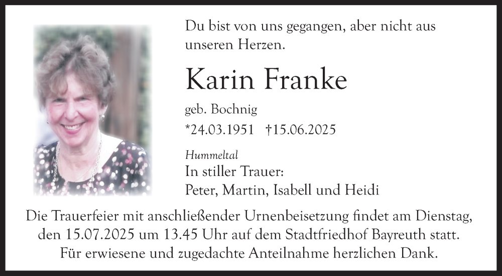  Traueranzeige für Karin Franke vom 09.07.2025 aus Nordbayerischer Kurier