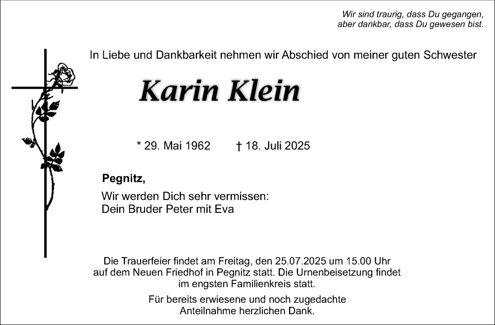  Traueranzeige für Karin Klein vom 24.07.2025 aus Nordbayerischer Kurier