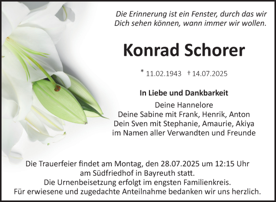 Anzeige von Konrad Schorer von Nordbayerischer Kurier